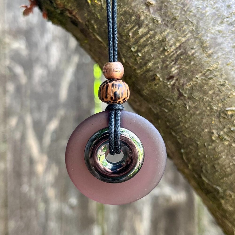 Hematite and Purple Sea Glass Pendant | Handmade - Picture 3 of 6